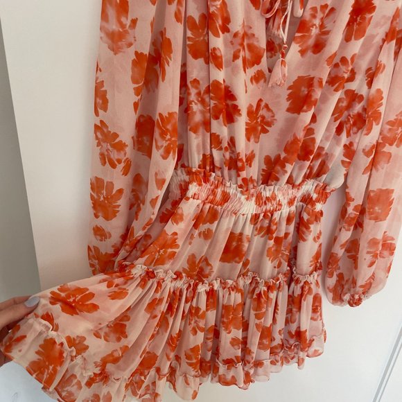 Misa Los Angeles Lorena Long Sleeve Mini Dress Orange Floral Ruffle Chiffon XS - Picture 7 of 10